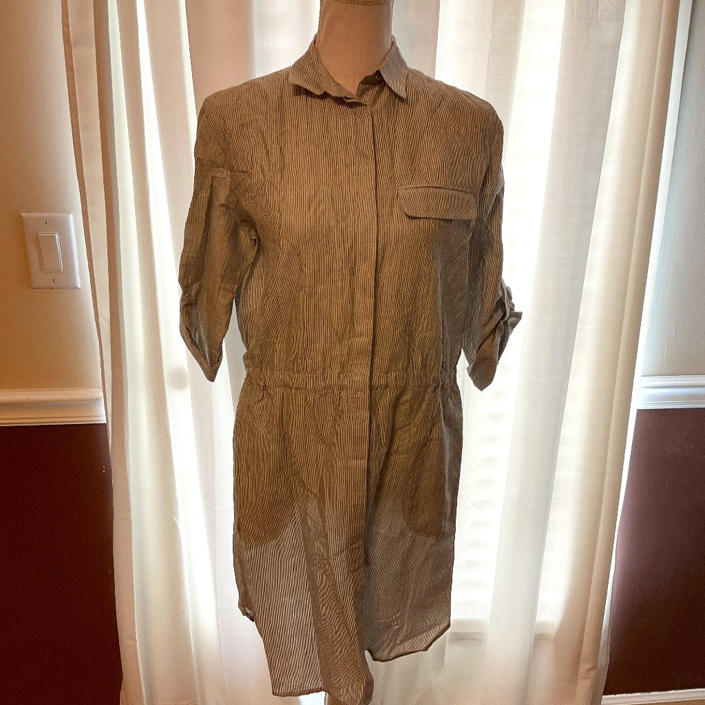 Atm Shirt Dress Xs Gray White Stripe Snap Front Roll-Tab Sleeve Pockets